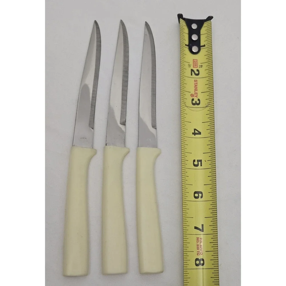 Lot Of Three (3) Vintage Everbrite Stainless Steel Steak Knives Cream Handle GUC